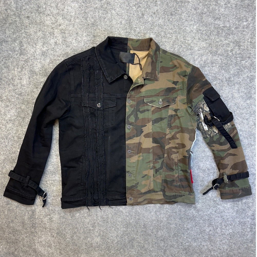 Valabasas Split Denim Jacket Mens XL Black Camo Excellent Distressed Utility